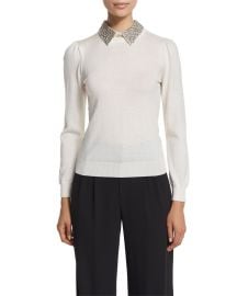 Alice   Olivia Era Embellished-Collar Puff-Sleeve Sweater  Cream at Neiman Marcus