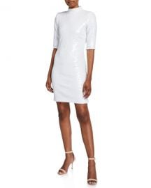 Alice   Olivia Inka Sequin Mock-Neck Elbow-Sleeve Dress w  Strong Shoulders at Neiman Marcus