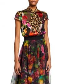 Alice   Olivia Jeannie Bow-Collar Cap-Sleeve Button-Down Top at Neiman Marcus