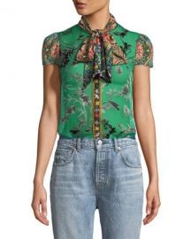 Alice   Olivia Jeannie Bow-Collar Cap-Sleeve Button-Front Blouse at Neiman Marcus