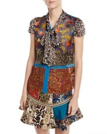 Alice   Olivia Jeannie Bow-Collar Mixed-Print Button-Front Blouse at Neiman Marcus