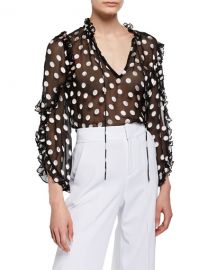 Alice   Olivia Julius Sheer Polka-Dot Ruffle-Sleeve Tunic Top at Neiman Marcus