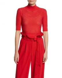 Alice   Olivia Lanie Pointelle High-Neck Short-Sleeve Pullover at Neiman Marcus