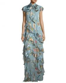 Alice   Olivia Leslie Tie-Neck Burnout Ruffled Silk-Blend Maxi Dress at Neiman Marcus