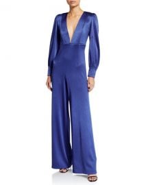 Alice   Olivia Lisa Satin Deep V-Neck Jumpsuit at Neiman Marcus