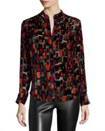 Alice   Olivia Long-Sleeve Velvet-Tile Blouse  Black Multicolor at Neiman Marcus