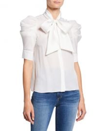 Alice   Olivia Maylee Tie-Neck Puff-Sleeve Button-Down Blouse at Neiman Marcus