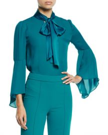 Alice   Olivia Meredith Slit-Sleeve Tie-Neck Top at Neiman Marcus