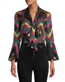 Alice   Olivia Merideth Slit-Sleeve Tie-Neck Top at Neiman Marcus