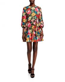 Alice   Olivia Mina Puff-Sleeve Godet Dress w  Belt at Neiman Marcus