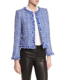 Alice   Olivia Nila Tweed Frayed-Hem Box Jacket at Neiman Marcus