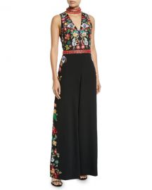 Alice   Olivia Nilsa Embellished Choker V-Neck Jumpsuit at Neiman Marcus