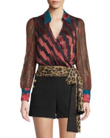 Alice   Olivia Omega Blouson-Sleeve Wrap Top at Neiman Marcus