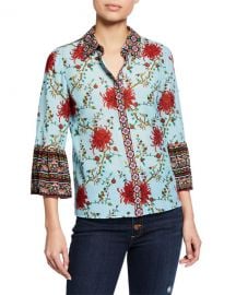 Alice   Olivia Rana Ruffle-Sleeve Button-Down Top at Neiman Marcus