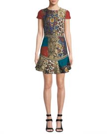 Alice   Olivia Rapunzel Curved-Hem Patchwork Mini Dress at Neiman Marcus