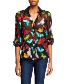 Alice   Olivia Sheila Butterfly Blouson-Sleeve Button-Front Top at Neiman Marcus