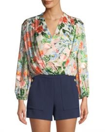 Alice   Olivia Trista Cross-Front Floral-Print Blouson Top at Neiman Marcus