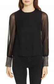 Alice   Olivia Vix Embellished Cuff Silk Blouse   Nordstrom at Nordstrom