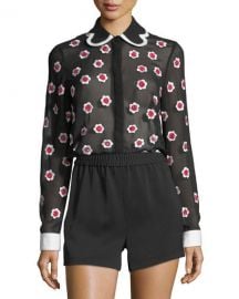 Alice   Olivia Willa Floral-Embroidered Long-Sleeve Sheer Shirt at Neiman Marcus