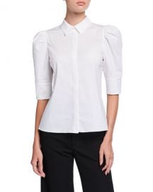 Alice   Olivia Willa Scrunched Puff-Sleeve Placket Top at Neiman Marcus