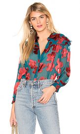 Alice   Olivia Ziggy Ruffle Sleeve Blouse in Daisy Teal  amp  Cherry from Revolve com at Revolve