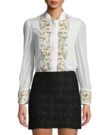 Alice   Olivia Zita Pearlescent-Embroidered Button-Front Blouse at Neiman Marcus