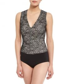 Alice   Olivia Zooey Lace V-Neck Bodysuit  Black White at Neiman Marcus