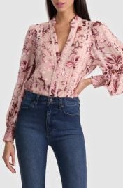 Alice + Olivia Arlette Lace Trim Floral Satin Burnout Shirt at Nordstrom