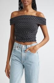 Alice + Olivia Isadola Polka Dot Ruched Off the Shoulder Mesh Crop Top at Nordstrom