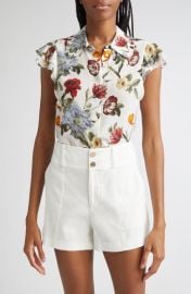 Alice + Olivia Martel Floral Flutter Sleeve Silk Button-Up Top at Nordstrom