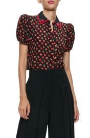 Alice + Olivia Willa Embroidered Puff Sleeve Silk Top at Nordstrom