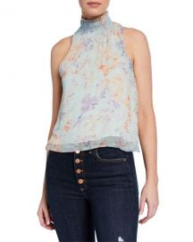 Alice  Olivia Annmarie Floral-Print Smocked Turtleneck Tank Top at Neiman Marcus