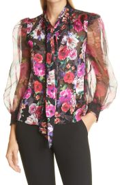 Alice  Olivia Brentley Floral Tie Neck Sheer Blouse at Nordstrom