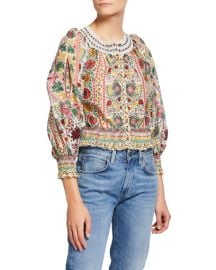 Alice  Olivia Cherelle Button-Down Gathered Cropped Blouse at Neiman Marcus