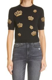 Alice  Olivia Ciara Crown Embellished Wool Short Sleeve Sweater at Nordstrom