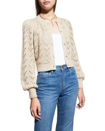 Alice  Olivia Kitty Puff-Sleeve Pointelle Cardigan at Neiman Marcus