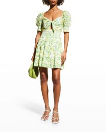 Alice  Olivia Kristie Eyelet Floral Puffed-Sleeve Mini A-Line Dress at Neiman Marcus