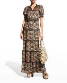 Alice  Olivia Lynley Smocked Puff-Sleeve Ruffle Maxi Dress at Neiman Marcus