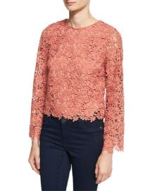 Alice  Olivia Pasha Long-Sleeve Jewel-Neck Blouse Top PinkOrange at Neiman Marcus