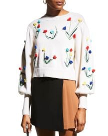 Alice  Olivia Wendell Dramatic-Sleeve Pullover w Crochet Flowers at Neiman Marcus