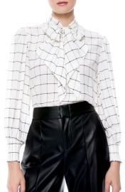 Alice  Olivia Windowpane Check Tie Neck Silk Blouse at Nordstrom