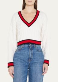 Alice Olivia Ayden Cropped V Neck Cable Knit Sweater at Bergdorf Goodman