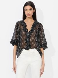 Alice Olivia Betsie Clip Dot Ruffle Sheer Silk Blend Top at Alice + Olivia