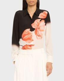 Alice Olivia Brady Two-Tone Floral Oversized Button-Front Silk Blouse at Neiman Marcus