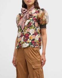 Alice Olivia Brently Floral Tie Neck Puff Sleeve Top at Neiman Marcus