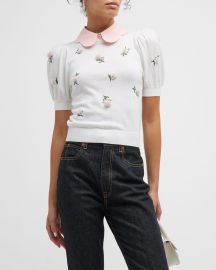 Alice Olivia Chase Puff-Sleeve Collared Sweater at Neiman Marcus