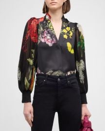 Alice Olivia Ilan Essential Floral Pleated Button-Front Blouse at Neiman Marcus