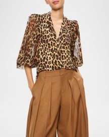 Alice Olivia Ilan Leopard Pleated Blouson-Sleeve Blouse at Neiman Marcus