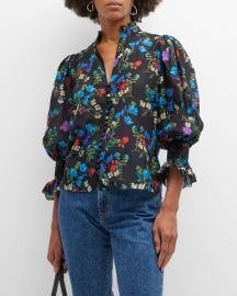 Alice Olivia Ilan Smocked-Sleeve Button-Front Blouse at Neiman Marcus