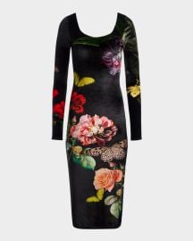 Alice Olivia In The Wind Floral Delora Scoop-Neck Velvet Midi Dress at Neiman Marcus